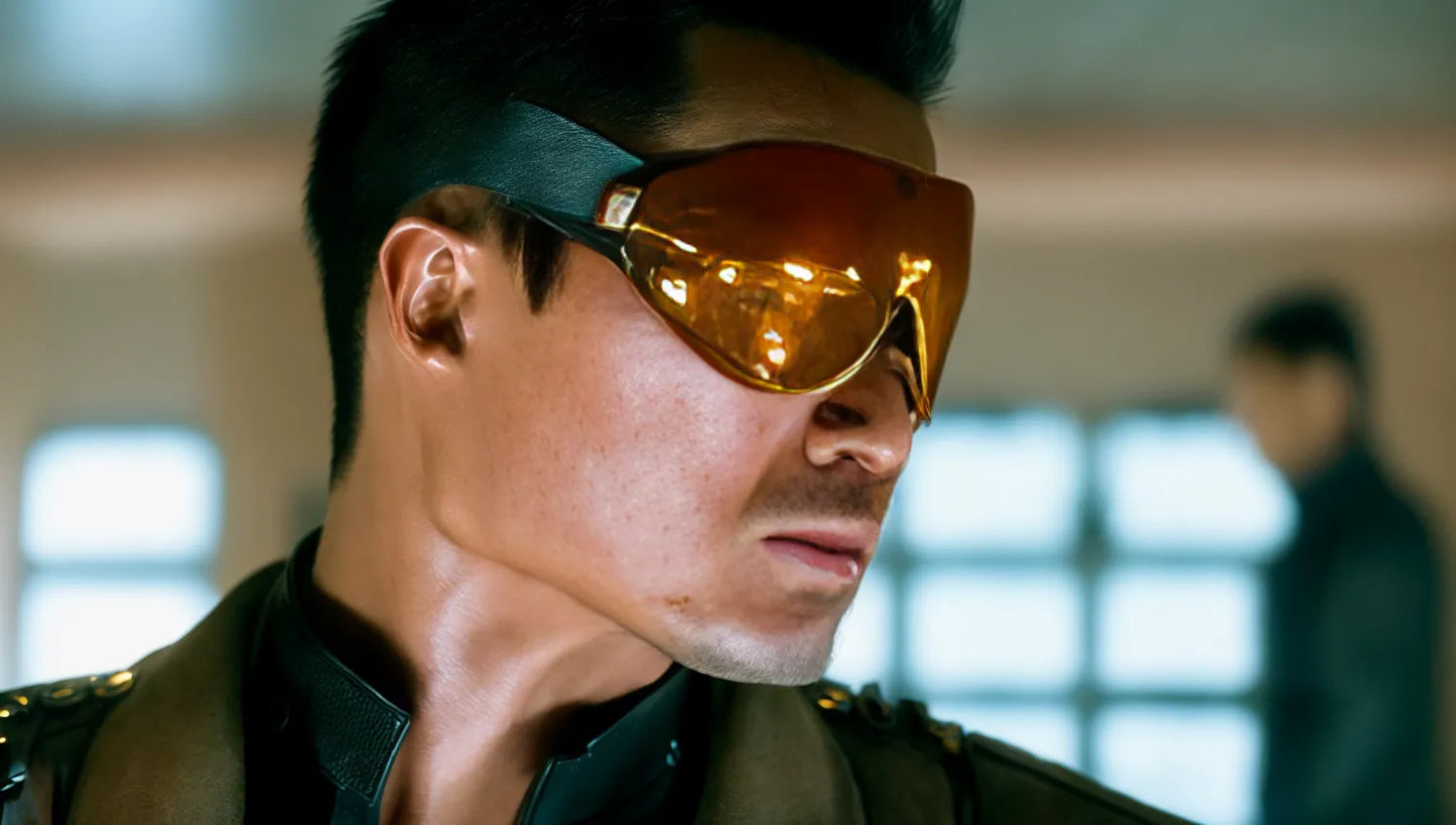 Medieval China Terminator with Futuristic Glasses Photorealistic Mood Board Action Shot Screenshot StoryVision